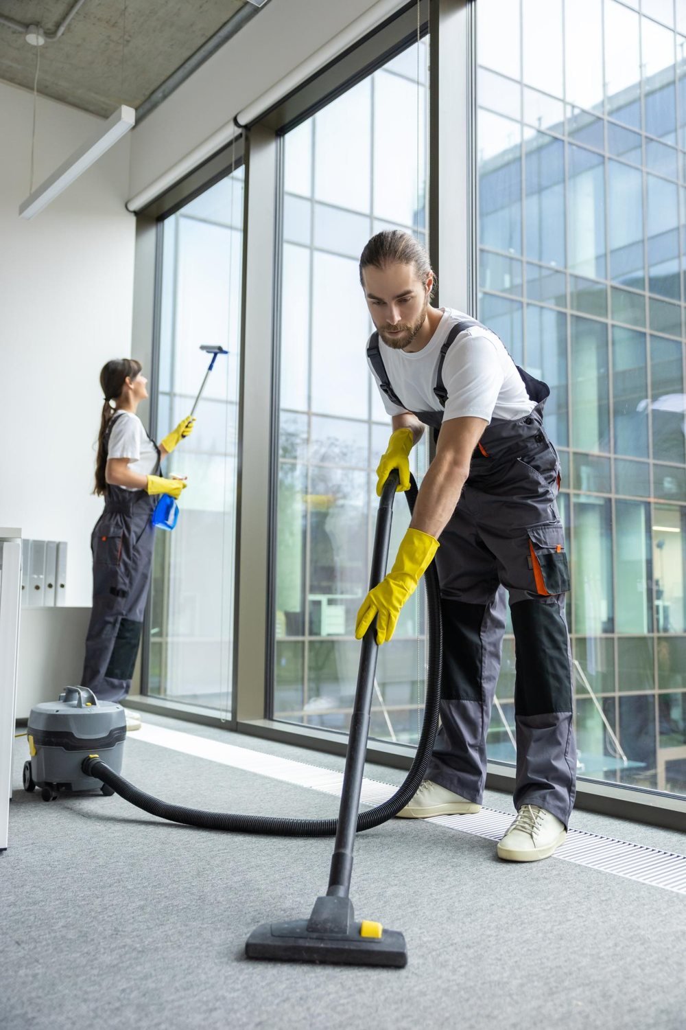 Riverrmain cleaners vacuuming and cleaning windows