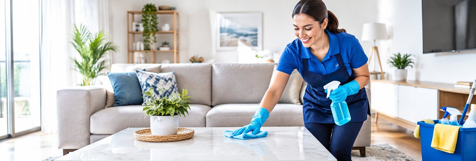 Riverrmain cleaner smiling while wiping a coffee table in a bright living room