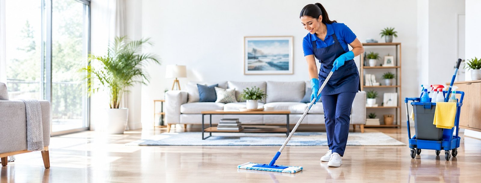 Riverrmain cleaner mopping the floor of a bright living room