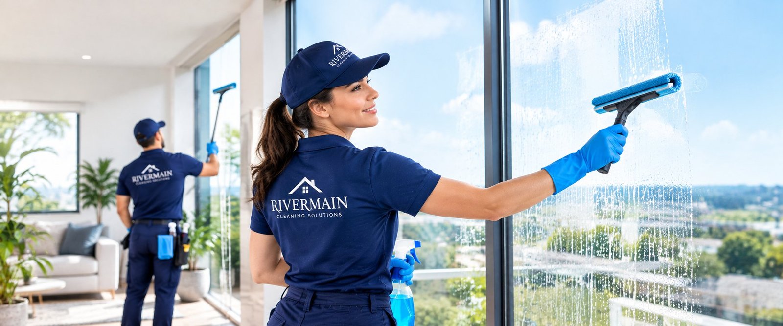 Rivermain cleaners washing large windows